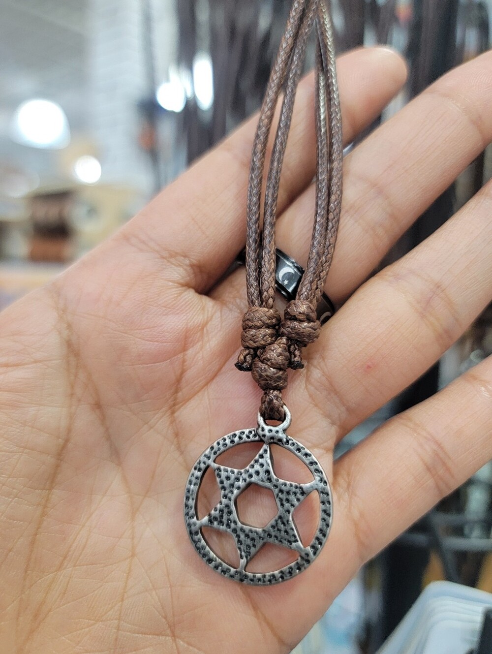 Leather Cord Necklace with Star Circle Pendant - Brown & Silver